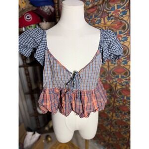 American Eagle Plaid Patchwork Puff Sleeve Peplum Cropped Top Blue Orange M